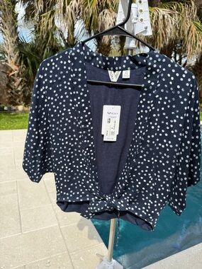 Roxy Navy and White Polka Dot Tie-Front Crop Top